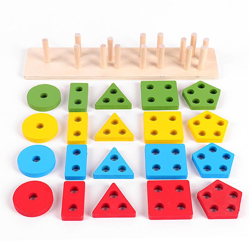 2025 New wooden geometric shape set column five column Montessori early education cognitive building blocks matching kindergarten toys, Christmas gifts, birthday gifts