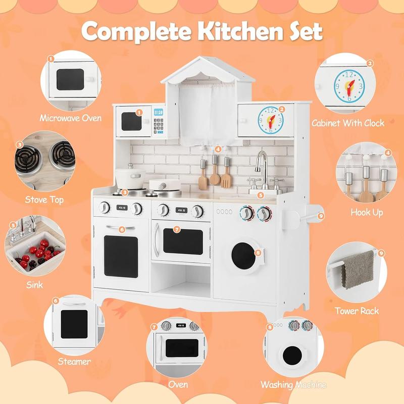 [ShopTab] Festival Joy Little Chef Toy Kitchen Set, Wooden Pretend Play Kitchen w  Cookware Utensil, Phone, Clock, Water Dispenser, Storage Cabinet