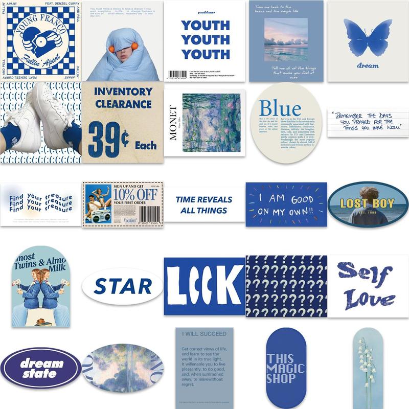 Blue Series Sticker, 57pcs set Self Adhesive Decorative Stickers, DIY Decals for Water Bottle, Laptop, Phone Case, Scrapbooking, Journal Making