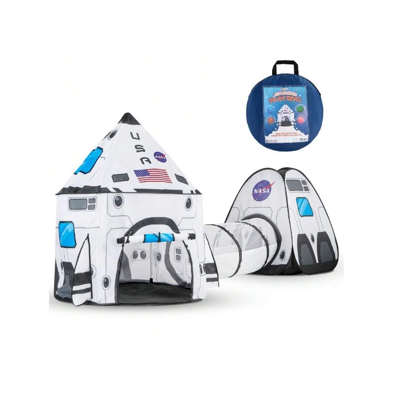 White Rocket Ship Pop Up Play Tent With Tunnel And Playhouse Kids Indoor Outdoor Spaceship Tent Set