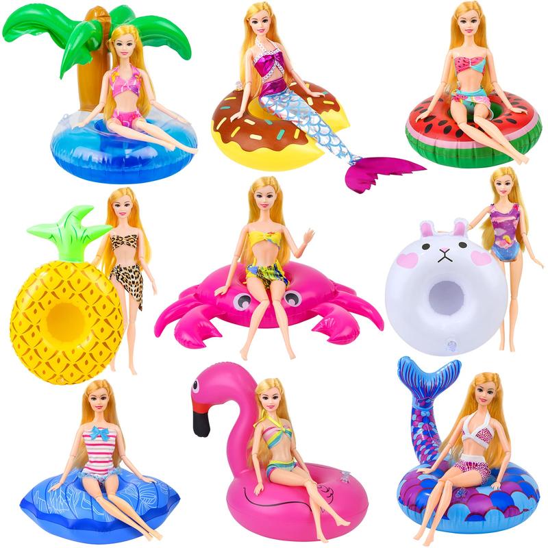 9 doll pool inflatable floats, including - flamingo, doughnut, pineapple, shells, crab, rabbit inflatable drink holder(No Doll）