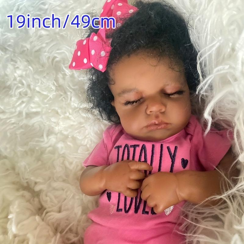 MADOLL 19 Inch Real Hand Rooted Curly Hair Newborn Dolls, Dark Brown Skin, Soft Touch Handmade Dolls for Halloween Thanksgiving Christmas Gifts