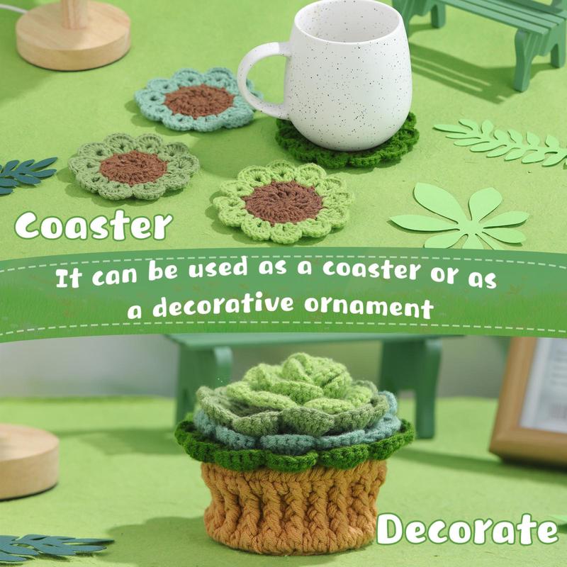 Crochet Kit for Beginners, 1 Set Cute Plant Coaster Crochet Kit with Random Color Accessories, DIY Knitting Supplies for Home Office Dormitory Decor