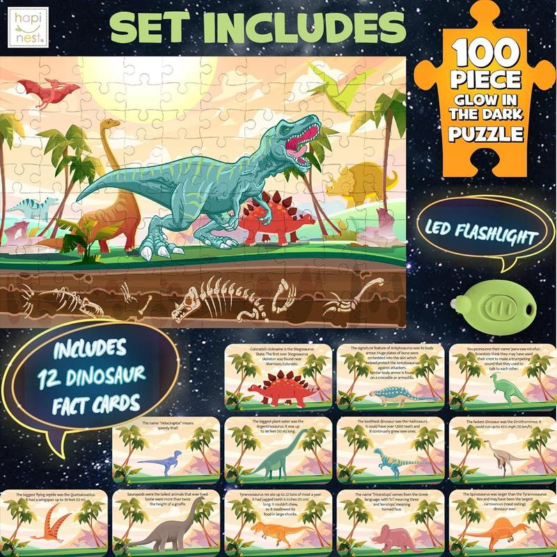 Hapinest Glow-in-The-Dark Dinosaur Jigsaw Puzzle for Kids, 100 Piece Puzzles for Kids Boys and Girls Gifts Ages 5 6 7 8 9 10 11 12 Years Old & Up, Includes 12 Dinosaur Fact Cards & LED Mini Flashlight