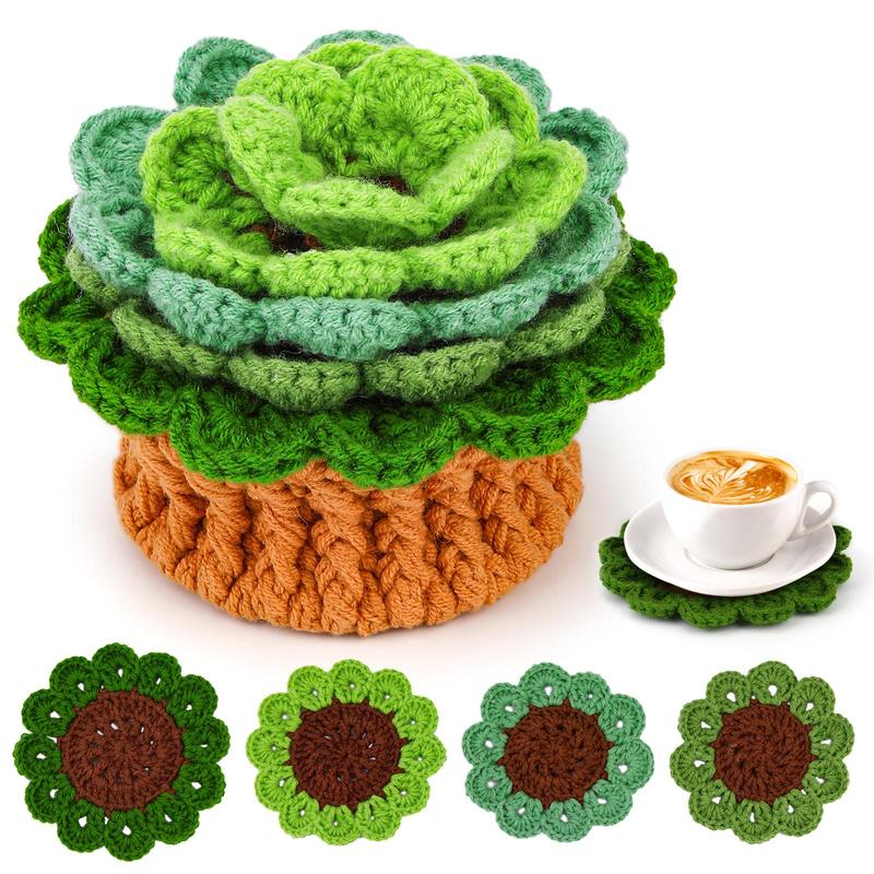 Crochet Kit for Beginners, 1 Set Cute Plant Coaster Crochet Kit with Random Color Accessories, DIY Knitting Supplies for Home Office Dormitory Decor