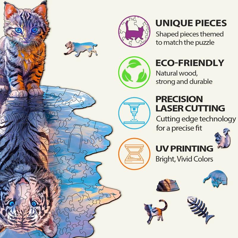 Wooden Cat Tiger Jigsaw Puzzle - Educational Toy for Kids and Adults