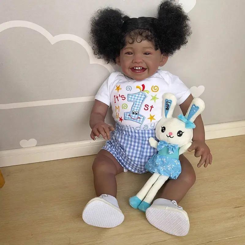 MADOLL 19 Inch Real Hand Rooted Curly Hair Newborn Dolls, Dark Brown Skin, Soft Touch Handmade Dolls for Halloween Thanksgiving Christmas Gifts