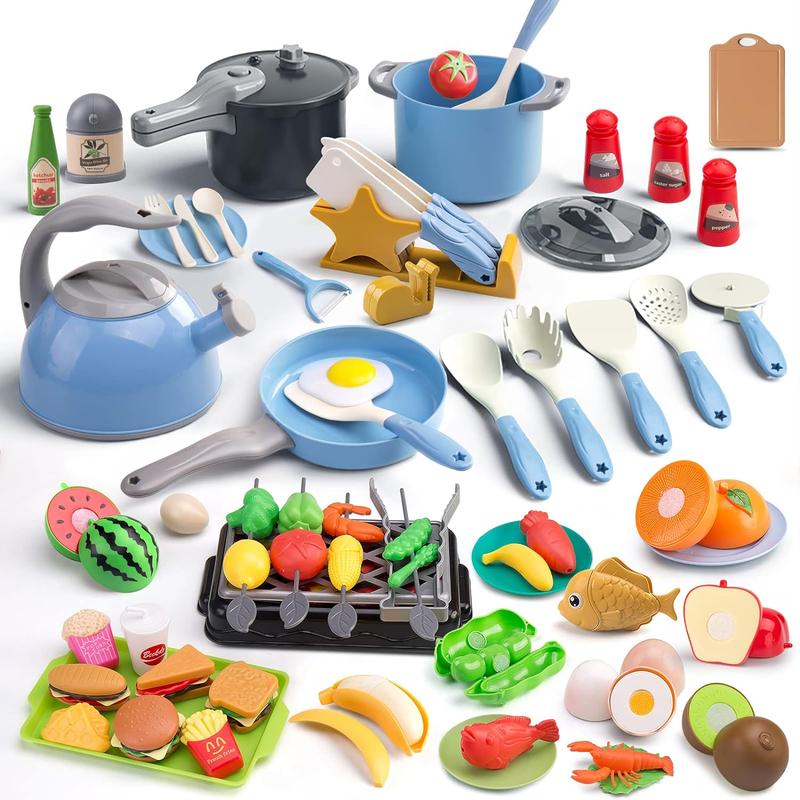 105Pcs Kids Kitchen Toy Accessories, Pretend BBQ Camping Cooking Playset, Play Pots, Pans, Utensils Cookware Toys, Play Food Set, Vegetables, Learning Gift for Girls Boys