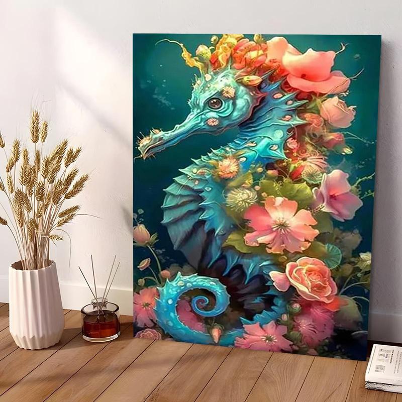 Seahorse and Flowers Pattern DIY Painting Kit without Frame, 1 Set DIY Painting Kit with Paint and Brush, Wall Art Decoration for Home Living Room Bedroom