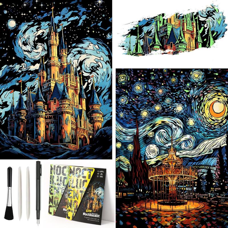 2 Pack Night Glow Scratch Art Rainbow Painting Paper, Magic Glow-in-the-Dark Scraping, Van Gogh Style Creative Craft Set, Fun DIY Toy Sketch Card Scratchboard for Kids, Adults (Amusement Park Castle)