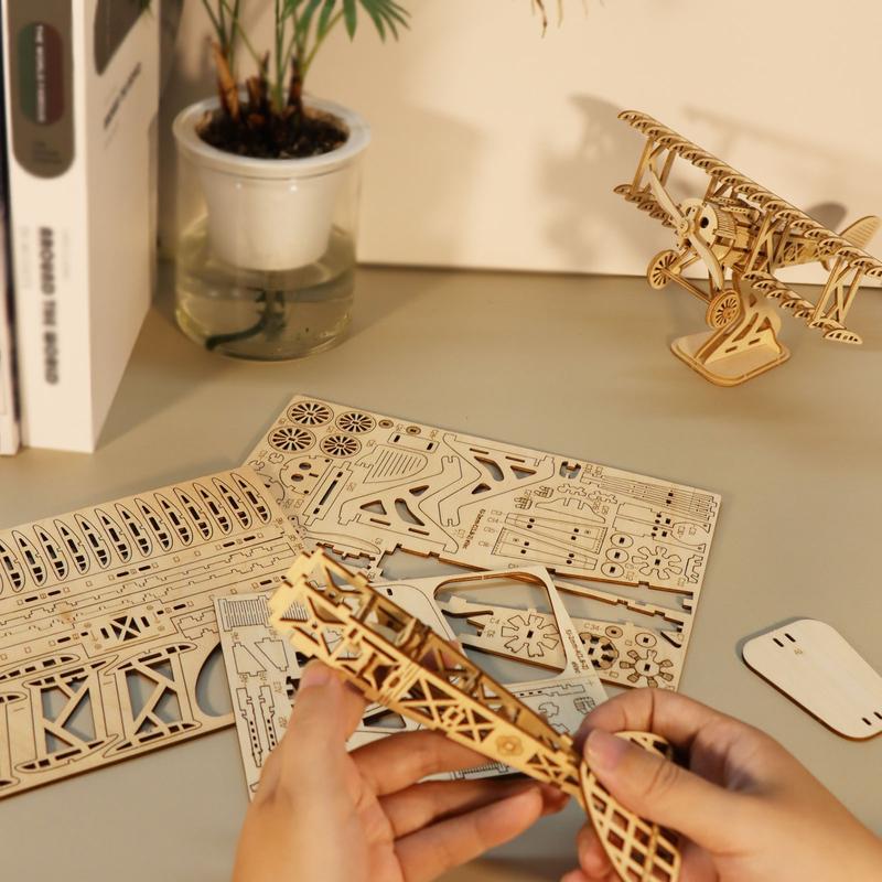 3D Wooden Puzzle Wood DIY Craft  Bi-Plane Model kits Handmade Gifts