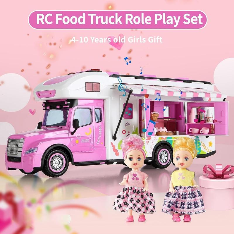 Remote Control Car for Girls Food Truck Toy Playset,Pink Remote Control Food Truck with Food Set, Dolls and Tableware Set,Best Gift for 4-9 Years Old Girls, Birthday (Rose red)