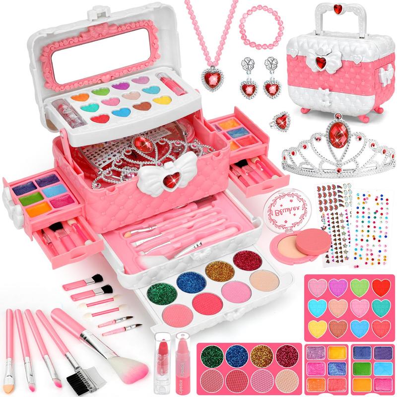 Princess Makeup Toy, 56pcs set Washable Makeup Toy with Jewelry Crown, Pretend Play Makeup Set, Birthday Gift for Girls, Christmas Gift