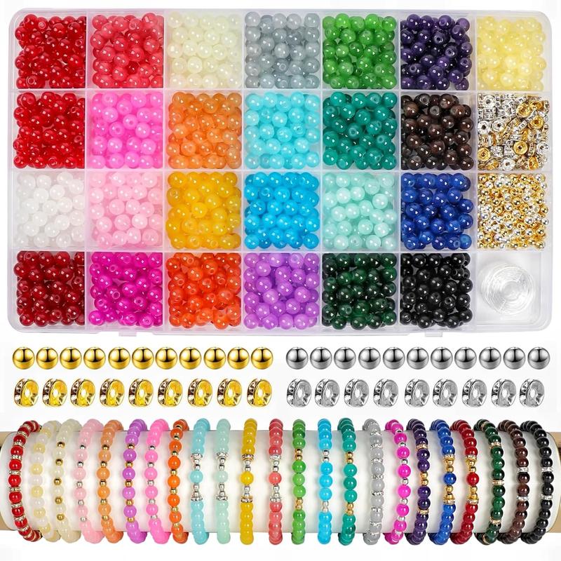 6mm Glass Beads for Bracelets Making, 1420 count 25 Colors Crystal Round Beads  Making Kit with Spacer Beads, DIY Craft Gift