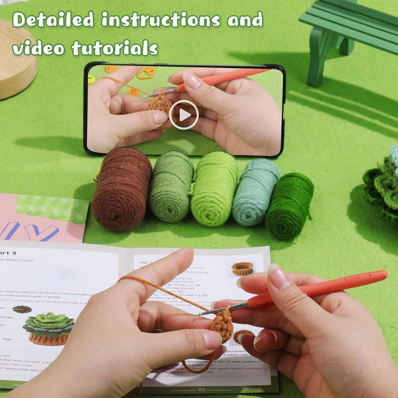 Crochet Kit for Beginners, 1 Set Cute Plant Coaster Crochet Kit with Random Color Accessories, DIY Knitting Supplies for Home Office Dormitory Decor