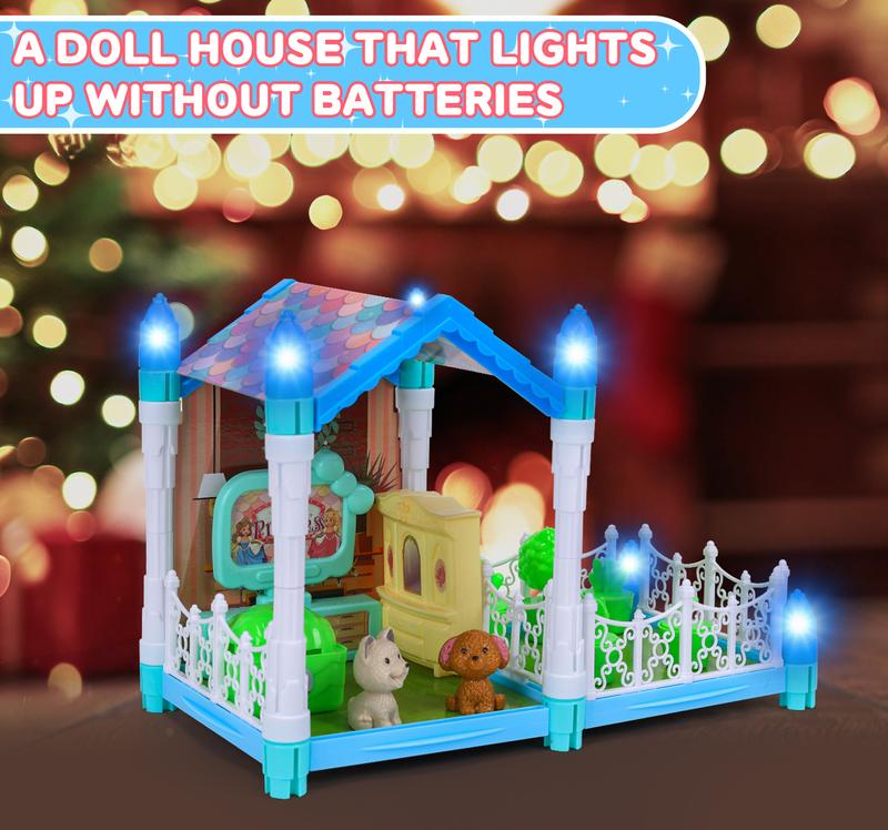 Glow-In-The-Dark Dollhouse With Two Pieces of Furniture, Two Puppies, and Six Potted Plants,Toys Suitable for Playing House