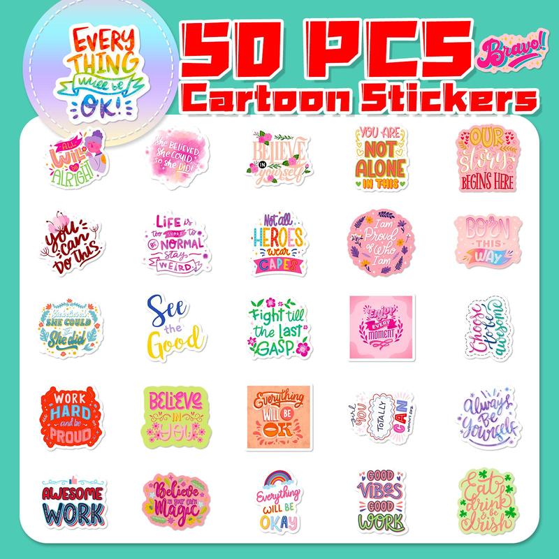 Inspirational Sentence Pattern Sticker, 50pcs Waterproof Self Adhesive Decor Paper, DIY Decorative Sticker for Gift Greeting Card Water Bottle Laptop Phone, Cute Accessories Self-adhesive Stickers