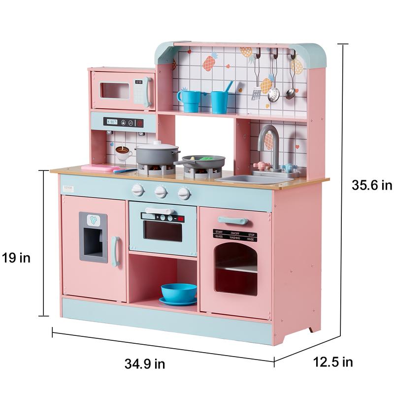 VEVOR Play Kitchen for Kids, Wooden Toy Kitchen Set with Lights and Sounds, Toddler Kitchen with Ice Maker, Oven, Sink, Microwaves, Fridge and Utensil and Fruit Accessory for Toddlers ages 3-8, Pink Christmas gift