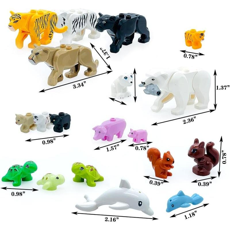 23pcs Animals Mini Figures Friends Sets with Baby Building Block Farm Zoo Animals Toy for Boys Girls 6-7-8-9-10-11-12 Kits Tiger Leopard Bear Dog Dolphin Turtle Squirrel