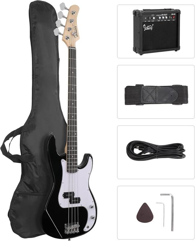 GLARRY Full Size Electric Bass Guitar Beginner Kit 4 String with AMP, Cable, Strap, Bag and Accessories (Black)