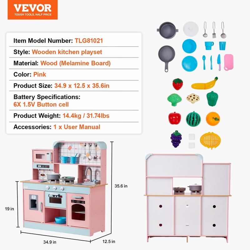 VEVOR Play Kitchen for Kids, Wooden Toy Kitchen Set with Lights and Sounds, Toddler Kitchen with Ice Maker, Oven, Sink, Microwaves, Fridge and Utensil and Fruit Accessory for Toddlers ages 3-8, Pink Christmas gift