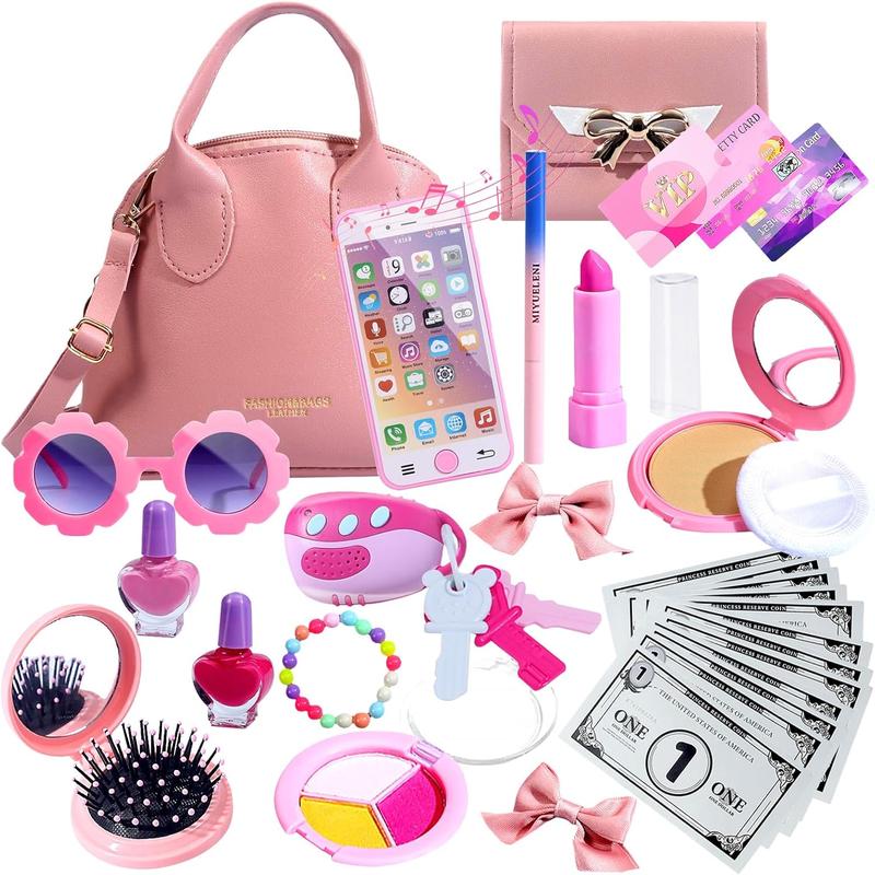 Christmas Gift Play Purse for Little Girls, 31 Pcs Kids Toy Purse, Pretend Play Purse Set with Handbag, Makeup Kit, Wallet, Sunglasses, Phone, Car Keys and Credit Cards for 3-6 Year Old Girls Birthday Gift