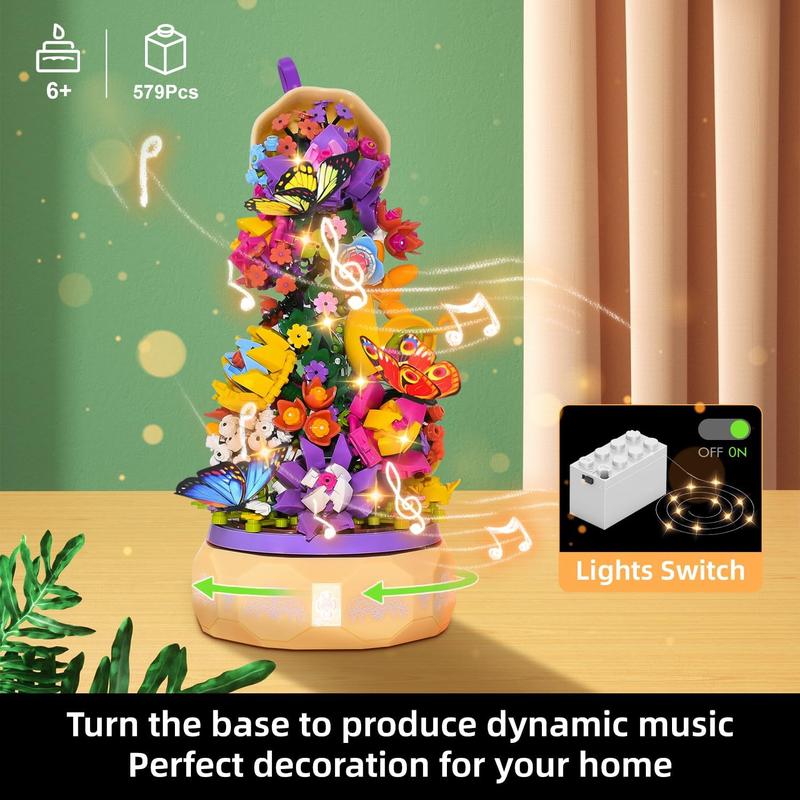 579 Piece Flowers Music Box Building Set,Artificial Flowers Series Rotating Music Box Building Kit,Creative Project Botanical Collection Crafts Set,Birthday Gift for Kids Girls Boys Age 6 7 8+