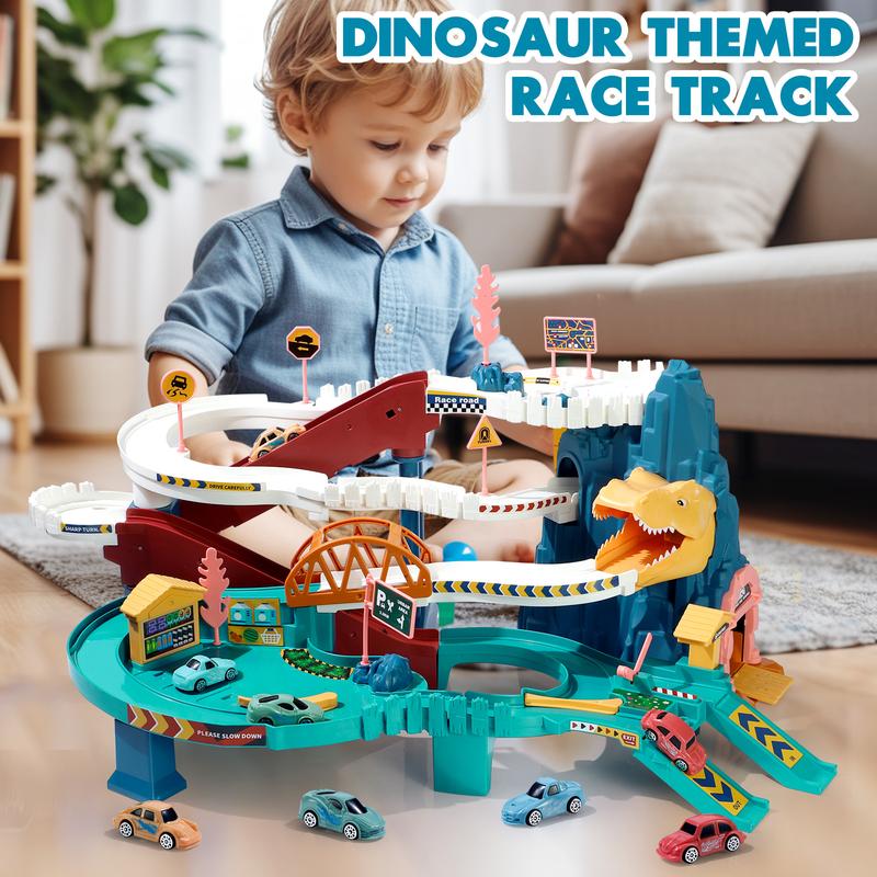 Full Size Dinosaur Race Track Playset Toys for Kids Car Ramp Track Set Toys Adventure Car Garage Parking Toy