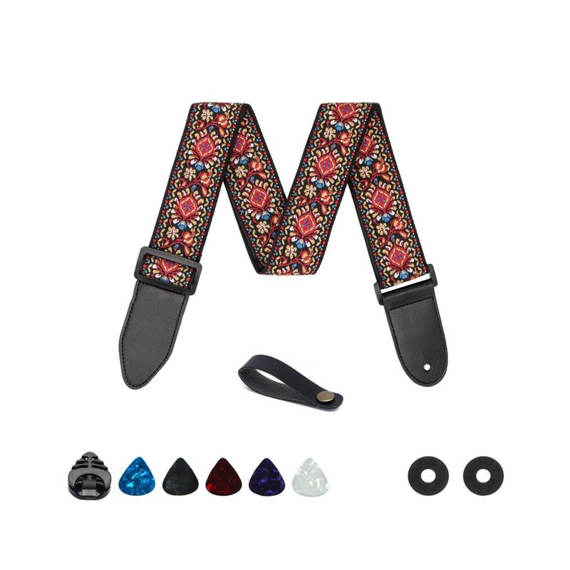 Boho Style Guitar Strap (10pcs), Guitar Straps with 3 Pick Holder, Strap Button Headstock Adaptor, Strap Lock & 5 Guitar Pick for Electric Acoustic Guitar