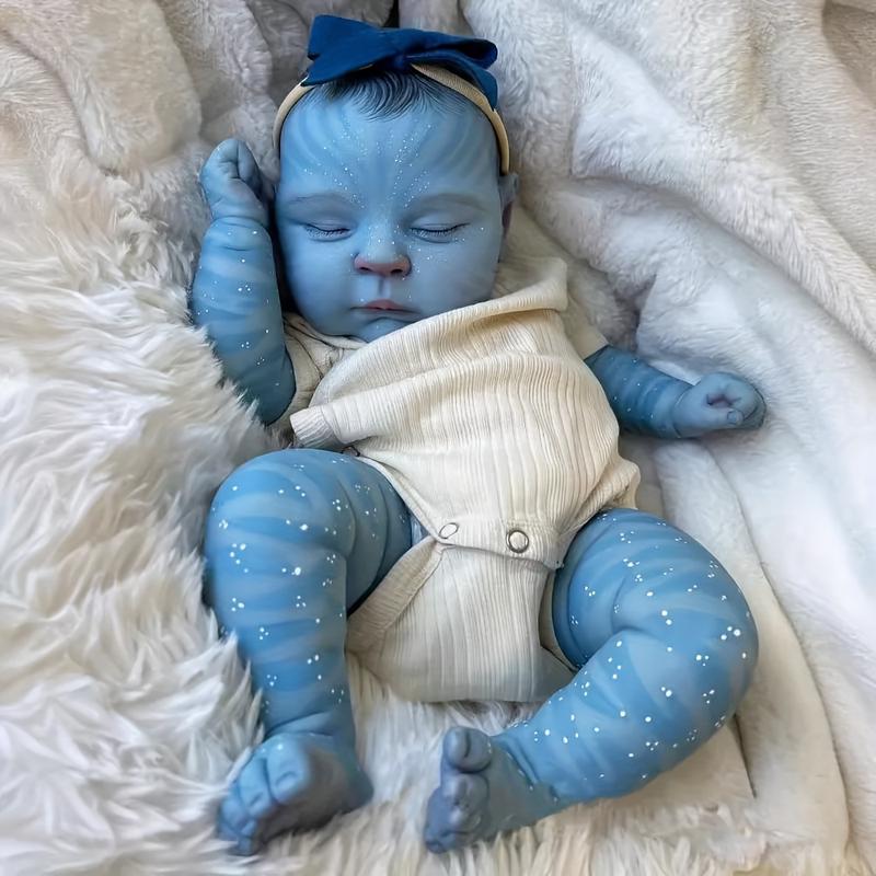 An Avatar-inspired reborn doll, 20 inches tall, handmade in vinyl, with realistic newborn skin textures and visible blood vessels, hair implants, suitable for children 3-6 years old - beige cloth body collection doll