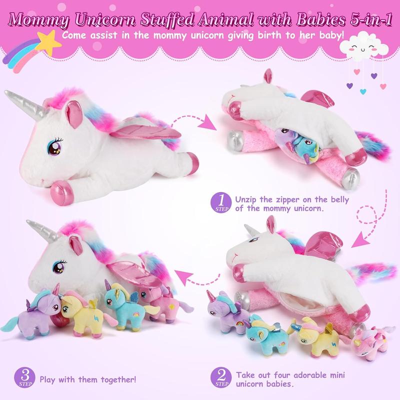 5 Pieces Unicorn Stuffed Animals - 1 Mommy Stuffed Unicorn with 4 Babies - Unicorns Gifts for Girls Ages 3 4 5 6 7 8, Unicorns Plush Toys for Christmas, Valentine's, Birthday Gifts (Pink) Unicorn Gifts stuffed animals kid baby