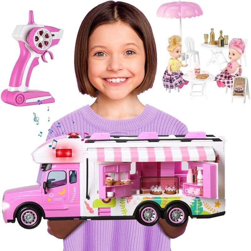 Remote Control Car for Girls Food Truck Toy Playset,Pink Remote Control Food Truck with Food Set, Dolls and Tableware Set,Best Gift for 4-9 Years Old Girls, Birthday (Rose red)