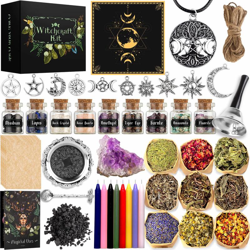 Witchcraft Supplies Kit for Spells, 56 PCS Witch Box Include Dried Herb Crystal Candles Amethyst Cluster Parchment, Wiccan Supplies and Tools, Beginner Witchcraft Kit Witch Stuff