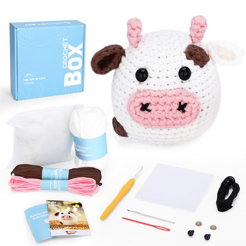 Cow Crochet Kit, 1 Set Beginner Cute Cow Design Crochet Kit, Including Crochet Hook, Yarn, Cotton, Scissors, Starter Kit for Beginners, DIY Crochet Supplies