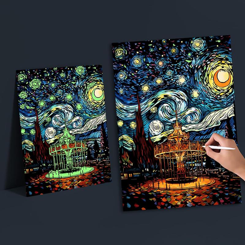 2 Pack Night Glow Scratch Art Rainbow Painting Paper, Magic Glow-in-the-Dark Scraping, Van Gogh Style Creative Craft Set, Fun DIY Toy Sketch Card Scratchboard for Kids, Adults (Amusement Park Castle)