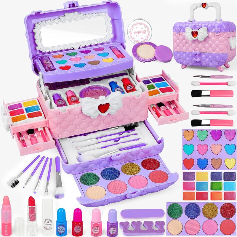 54Pcs Kids Makeup Kit for Girls, Princess Real Washable Pretend Play Cosmetic Set Toys with Mirror, Non-Toxic & Safe, Birthday Gifts for 3-10+Years Old Girls Kids (Light Purple) Christmas Gifts