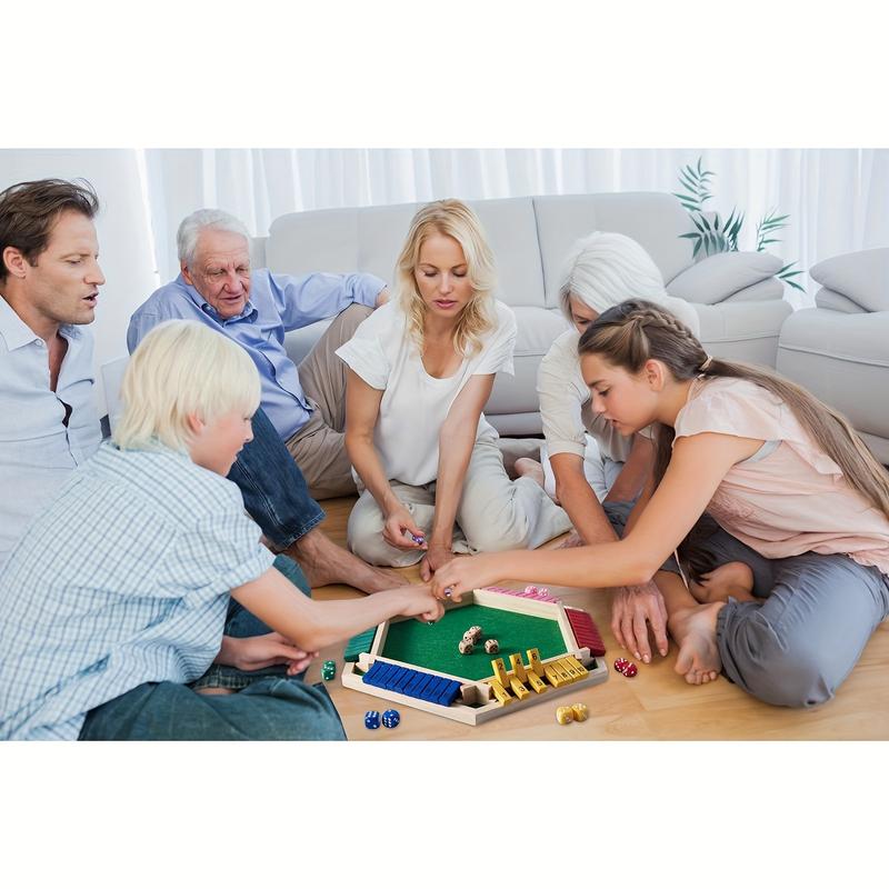 Shut The Box Game For 6 Player With 12+4 Dice - Colorful 6 Sided Wooden Board Math Number Games For Adults Families Party Club board game