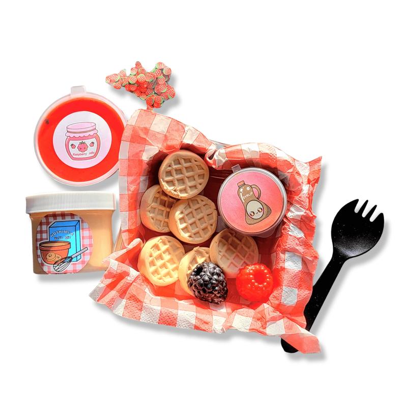 Mini Waffles Handmade DIY Scented Slime Kit with Snow Butter, Raspberry Jam, Clear Syrup, and Mini Clay Waffles