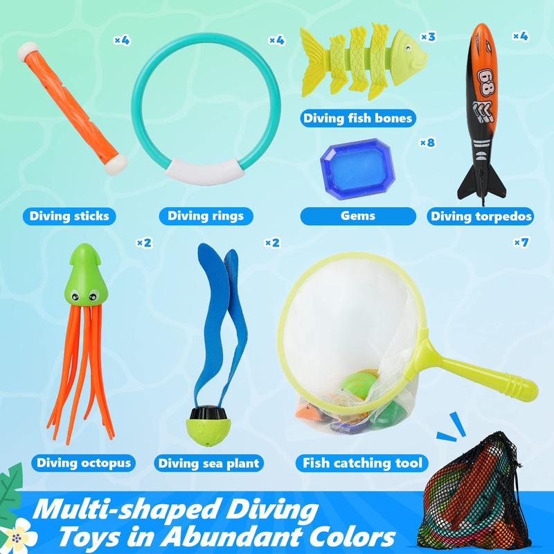 Pool Diving Toys Games - 34 PCS Swimming Pool Toys Underwater Dive Gifts with Storage Bag Training Diving Swim Toys for Boys Girls Ages 4-8