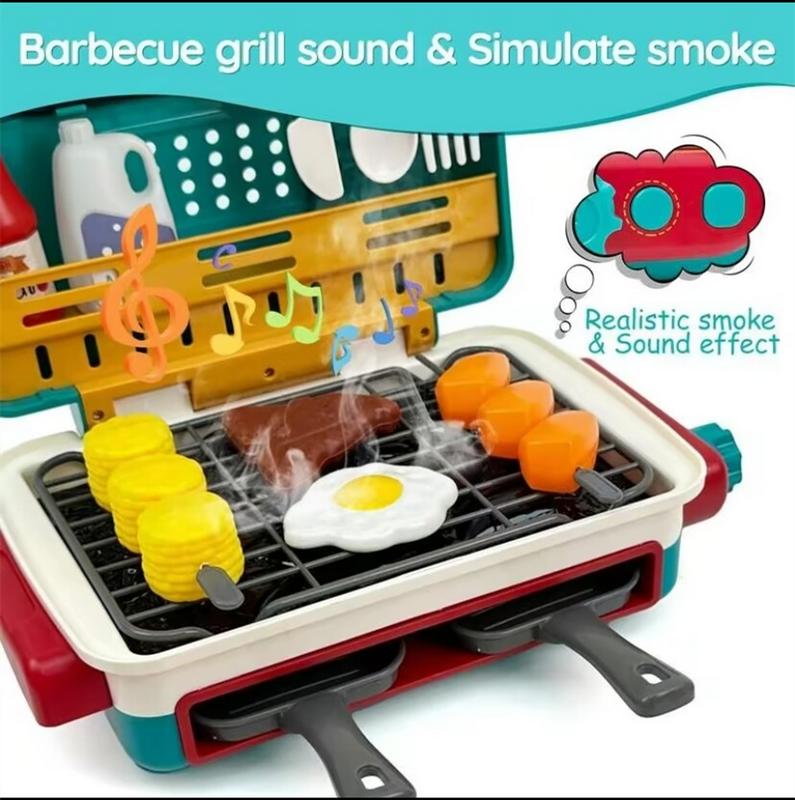 Kids BBQ Grill Toy, Barbecue Kitchen Cooking Playset with Realistic Spray, Light & Sound, Color Changing Play Food & Dishes Toy, Pretend BBQ Accessories Set for Girls Boys Toddler