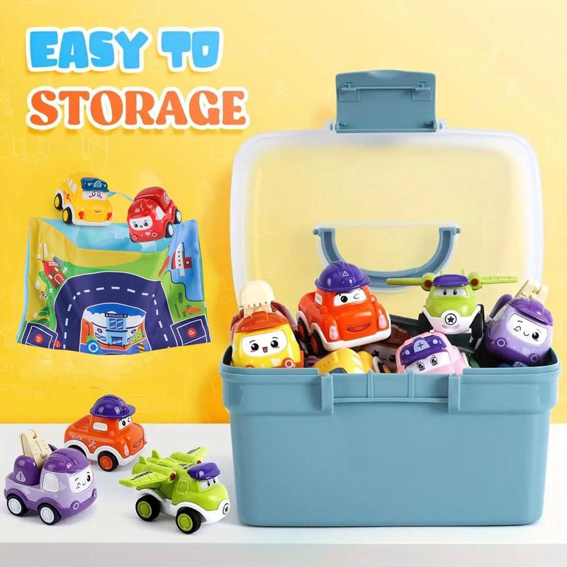 Mini Cute Cartoon Car Toy with Map & Storage Case, 12pcs set Pull Back Inertia Car Toy, Birthday Gift for Kids