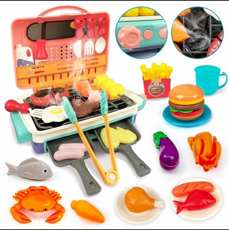 Kids BBQ Grill Toy, Barbecue Kitchen Cooking Playset with Realistic Spray, Light & Sound, Color Changing Play Food & Dishes Toy, Pretend BBQ Accessories Set for Girls Boys Toddler