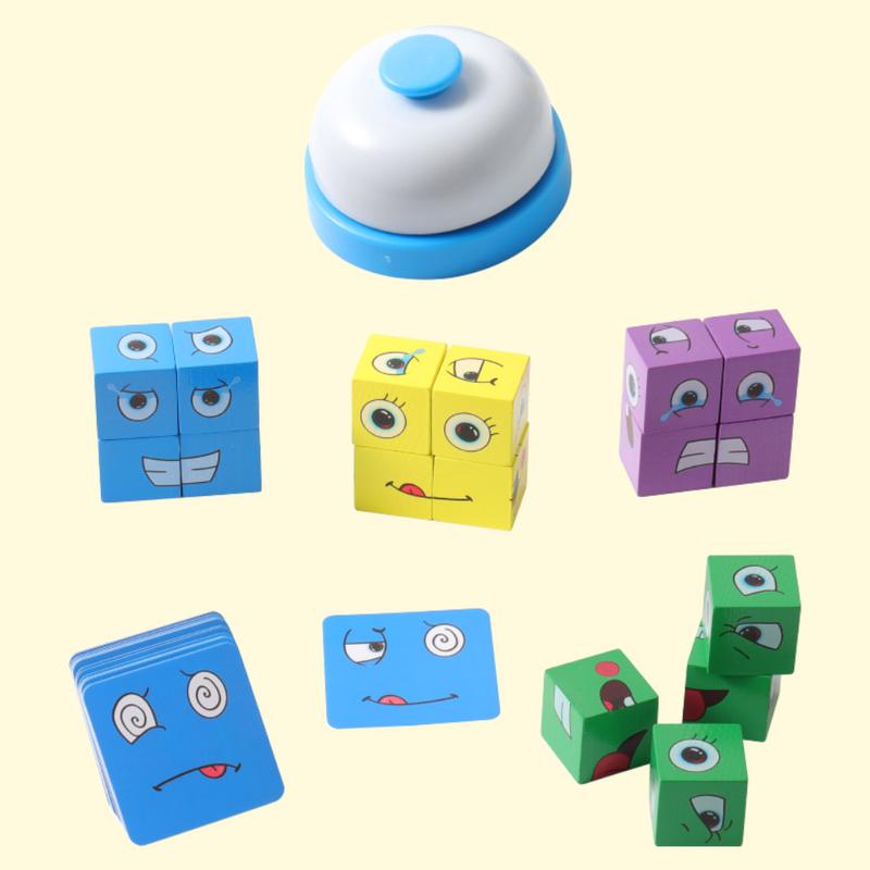 Face Changing Magic Cube Game, Wooden Expression Puzzle Building Blocks Pattern Matching Game, Educational Puzzle Games for Night