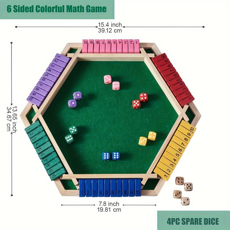 Shut The Box Game For 6 Player With 12+4 Dice - Colorful 6 Sided Wooden Board Math Number Games For Adults Families Party Club board game