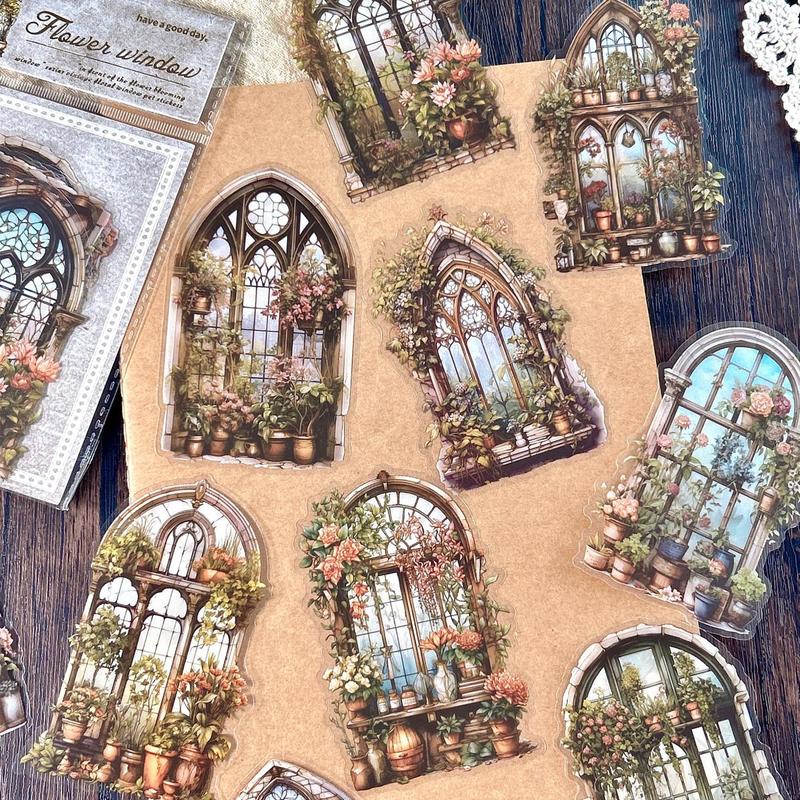 Vintage Flower & Window Pattern Sticker, 10pcs set Scrapbooking & Journal Making Material Paper, DIY Decorative Sticker for Stationery Computer Water Bottle