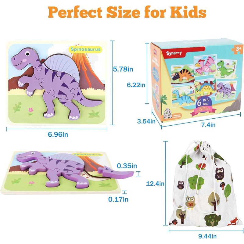 6-piece set of children's dinosaur wooden puzzle 3-5, children's wooden puzzle, 3-4-5 year old children's dinosaur puzzle, 3D dinosaur puzzle educational toys for preschool boys and girls