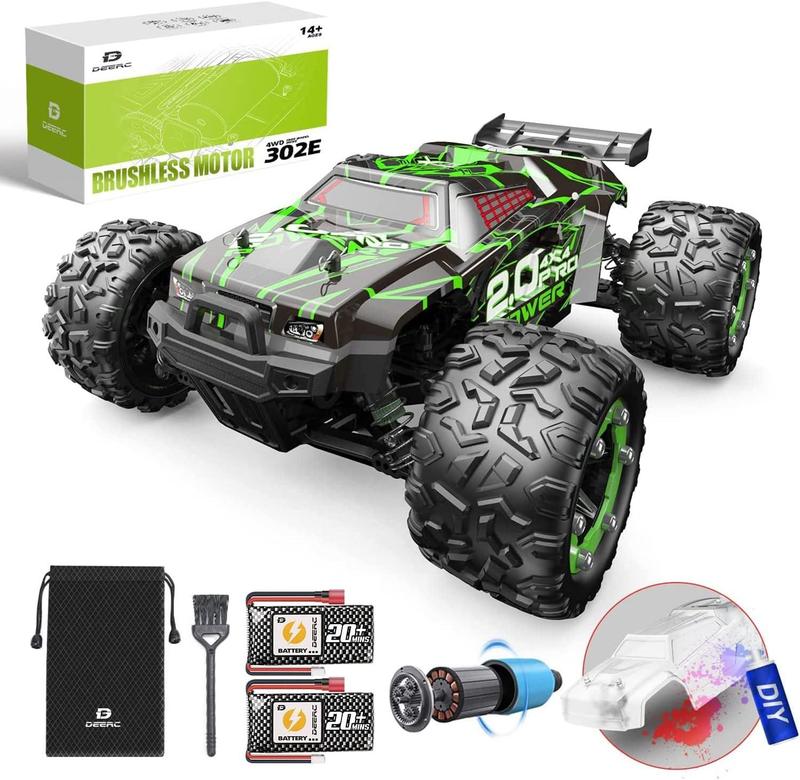 DEERC Brushless 302E RC Cars s, Upgraded 60KM H High Speed Remote Control Car, 4WD 1:18 Scale All Terrain Off Road Monster Truck with DIY Extra Shell, 2 Rechargeable Battery 40 Mins Car Toy drift rc