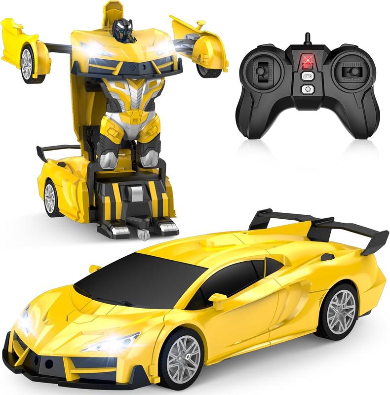 Remote Control Car,Transform Robot RC Cars with Cool LED Headlights, 2.4Ghz Toys Car with 360 Degree Rotation and One-Button Deformation, Christmas Birthday Gifts for Boys Girls(Yellow)