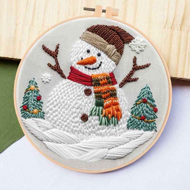 Snowman Pattern DIY Embroidery Kit, 1 Set Embroidery with Hoop Suture Practice Kit for Adults, Christmas Handmade Unfinished Products Gifts