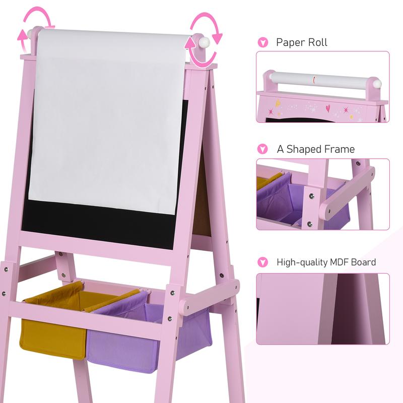 Qaba 3 In 1 Kids Wooden Art Easel with Paper Roll Double-Sided Chalkboard & Whiteboard with Storage Baskets Gift for Toddler Girl Age 3 Years+ Pink